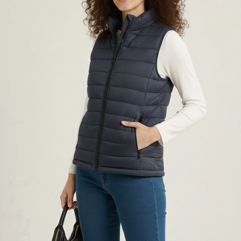 Kadın Şişme Fermuarlı Su İtici Kapitone Astarlı, Cepli Yelek - Lacivert