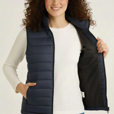 Kadın Şişme Fermuarlı Su İtici Kapitone Astarlı, Cepli Yelek - Lacivert