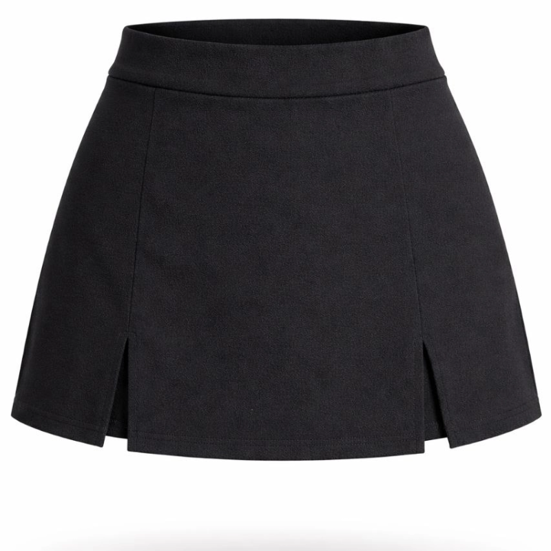 Kadın Siyah Krep Şortlu Etek Mini Boy Yüksel Bel Yırtmaç Detaylı - Siyah