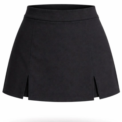 Kadın Siyah Krep Şortlu Etek Mini Boy Yüksel Bel Yırtmaç Detaylı - Siyah