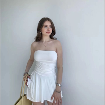 Kadın Straplez Mini Etek Görünümlü Şortlu Elbise Büzgülü Şık Yazlık - Beyaz