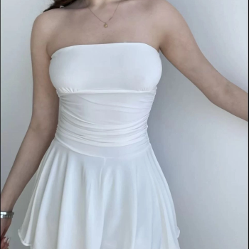 Kadın Straplez Mini Etek Görünümlü Şortlu Elbise Büzgülü Şık Yazlık - Beyaz