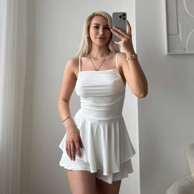 Kadın Straplez Mini Etek Görünümlü Şortlu Elbise Büzgülü Şık Yazlık - Beyaz