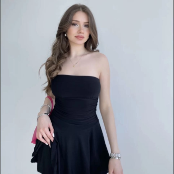 Kadın Straplez Mini Etek Görünümlü Şortlu Elbise Büzgülü Şık Yazlık - Siyah