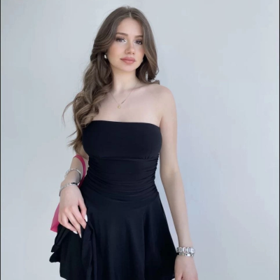 Kadın Straplez Mini Etek Görünümlü Şortlu Elbise Büzgülü Şık Yazlık - Siyah