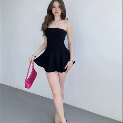 Kadın Straplez Mini Etek Görünümlü Şortlu Elbise Büzgülü Şık Yazlık - Siyah