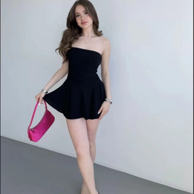 Kadın Straplez Mini Etek Görünümlü Şortlu Elbise Büzgülü Şık Yazlık - Siyah