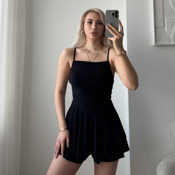 Kadın Straplez Mini Etek Görünümlü Şortlu Elbise Büzgülü Şık Yazlık - Siyah