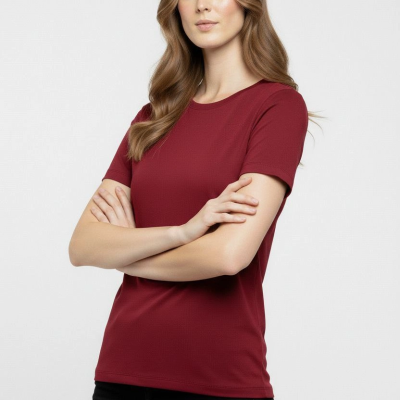 Kadın T-Shirt Bisiklet Yaka Slim Fit Likralı Tişört Yazlık Basic Body - Bordo