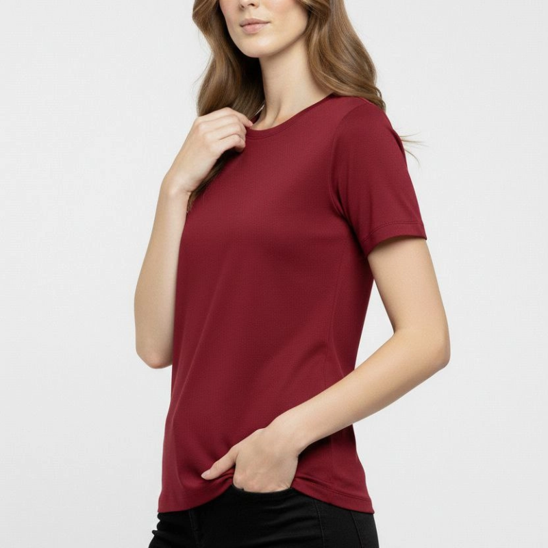 Kadın T-Shirt Bisiklet Yaka Slim Fit Likralı Tişört Yazlık Basic Body - Bordo