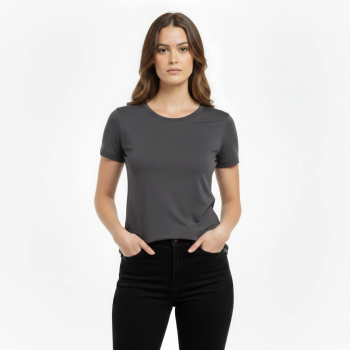 Kadın T-Shirt Bisiklet Yaka Slim Fit Likralı Tişört Yazlık Basic Body - Füme