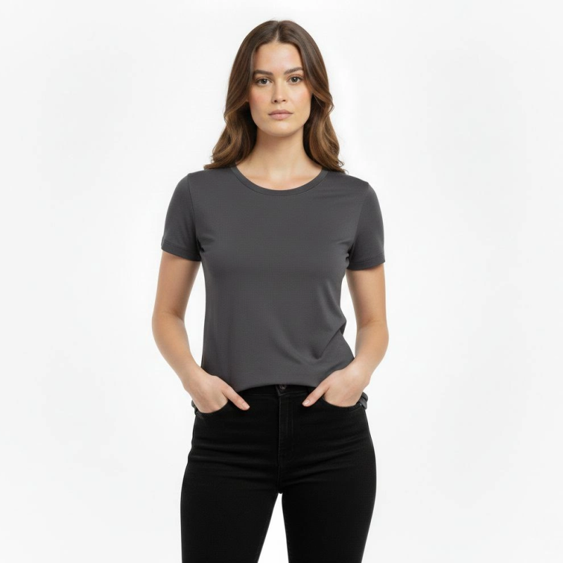 Kadın T-Shirt Bisiklet Yaka Slim Fit Likralı Tişört Yazlık Basic Body - Füme