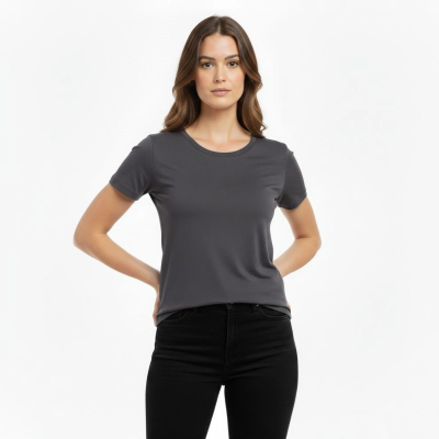 Kadın T-Shirt Bisiklet Yaka Slim Fit Likralı Tişört Yazlık Basic Body - Füme