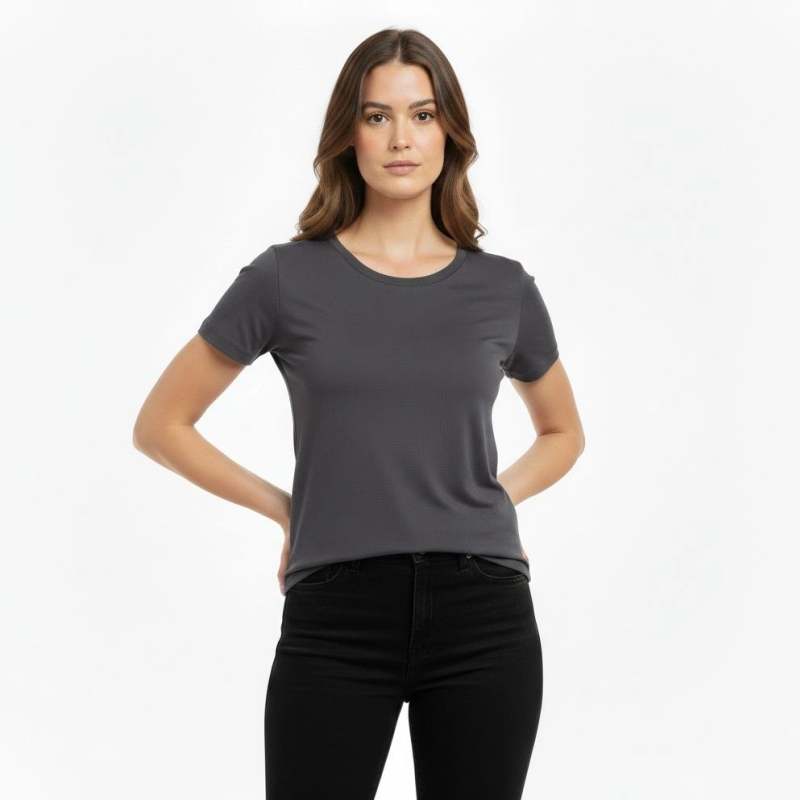 Kadın T-Shirt Bisiklet Yaka Slim Fit Likralı Tişört Yazlık Basic Body - Füme