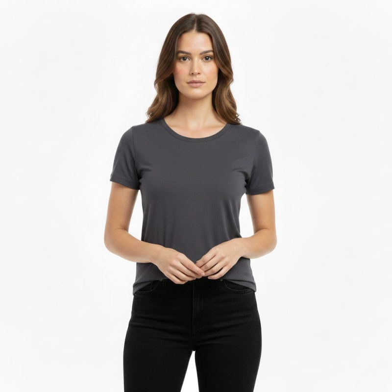 Kadın T-Shirt Bisiklet Yaka Slim Fit Likralı Tişört Yazlık Basic Body - Füme