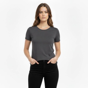 Kadın T-Shirt Bisiklet Yaka Slim Fit Likralı Tişört Yazlık Basic Body - Füme