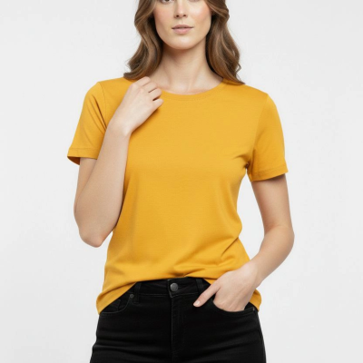 Kadın T-Shirt Bisiklet Yaka Slim Fit Likralı Tişört Yazlık Basic Body - Sarı