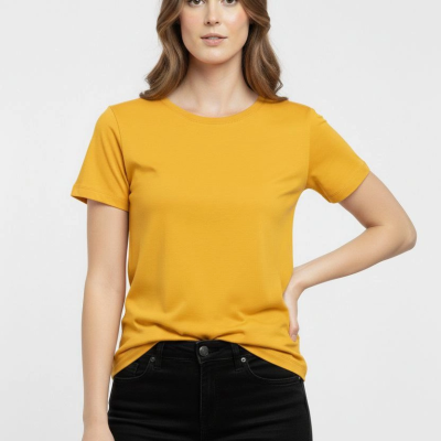 Kadın T-Shirt Bisiklet Yaka Slim Fit Likralı Tişört Yazlık Basic Body - Sarı