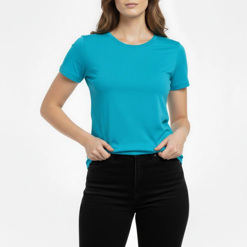 Kadın T-Shirt Bisiklet Yaka Slim Fit Likralı Tişört Yazlık Basic Body - Turkuvaz