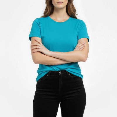 Kadın T-Shirt Bisiklet Yaka Slim Fit Likralı Tişört Yazlık Basic Body - Turkuvaz