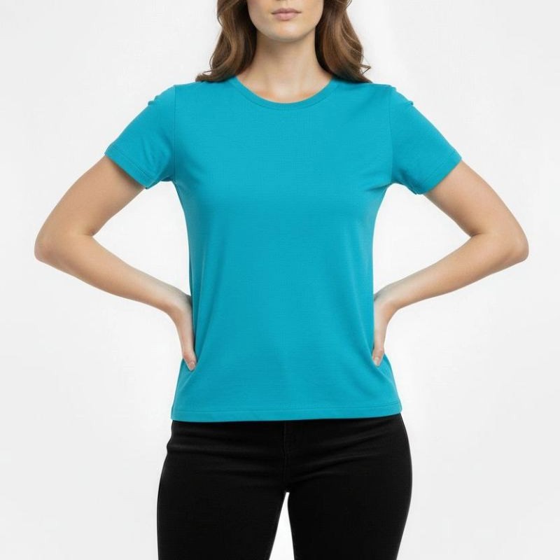 Kadın T-Shirt Bisiklet Yaka Slim Fit Likralı Tişört Yazlık Basic Body - Turkuvaz