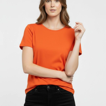 Kadın T-Shirt Bisiklet Yaka Slim Fit Likralı Tişört Yazlık Basic Body - Turuncu