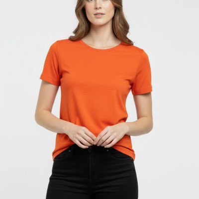 Kadın T-Shirt Bisiklet Yaka Slim Fit Likralı Tişört Yazlık Basic Body - Turuncu