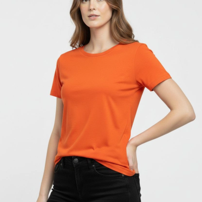 Kadın T-Shirt Bisiklet Yaka Slim Fit Likralı Tişört Yazlık Basic Body - Turuncu