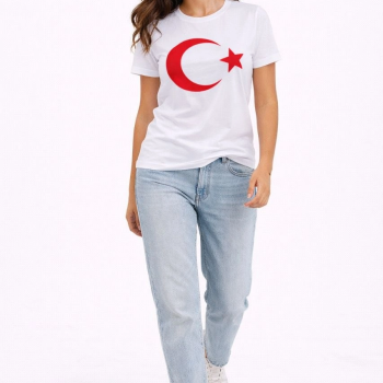 Kadın T-Shirt Kısa Kol Bisiklet Yaka Ay Yıldız Bayrak Baskılı Tişört - Beyaz