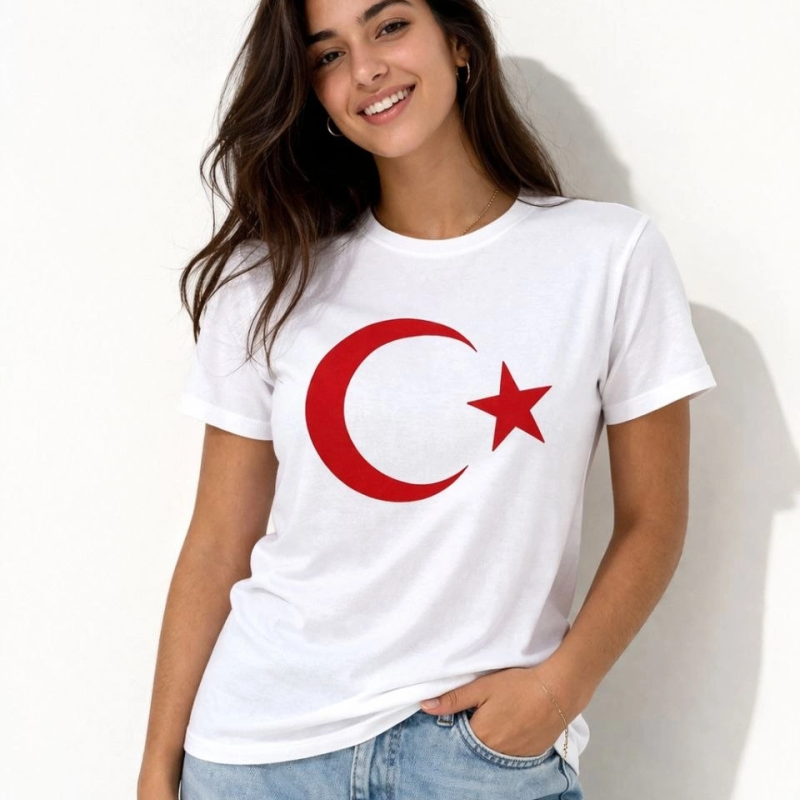 Kadın T-Shirt Kısa Kol Bisiklet Yaka Ay Yıldız Bayrak Baskılı Tişört - Beyaz