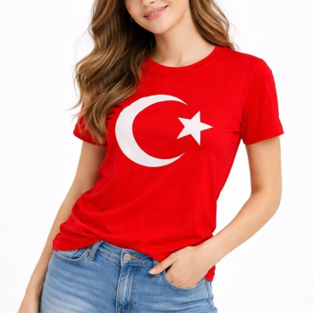 Kadın T-Shirt Kısa Kol Bisiklet Yaka Ay Yıldız Bayrak Baskılı Tişört - Kırmızı