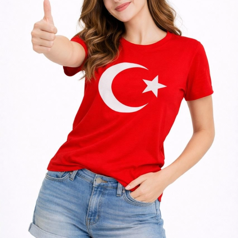 Kadın T-Shirt Kısa Kol Bisiklet Yaka Ay Yıldız Bayrak Baskılı Tişört - Kırmızı