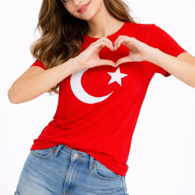 Kadın T-Shirt Kısa Kol Bisiklet Yaka Ay Yıldız Bayrak Baskılı Tişört - Kırmızı