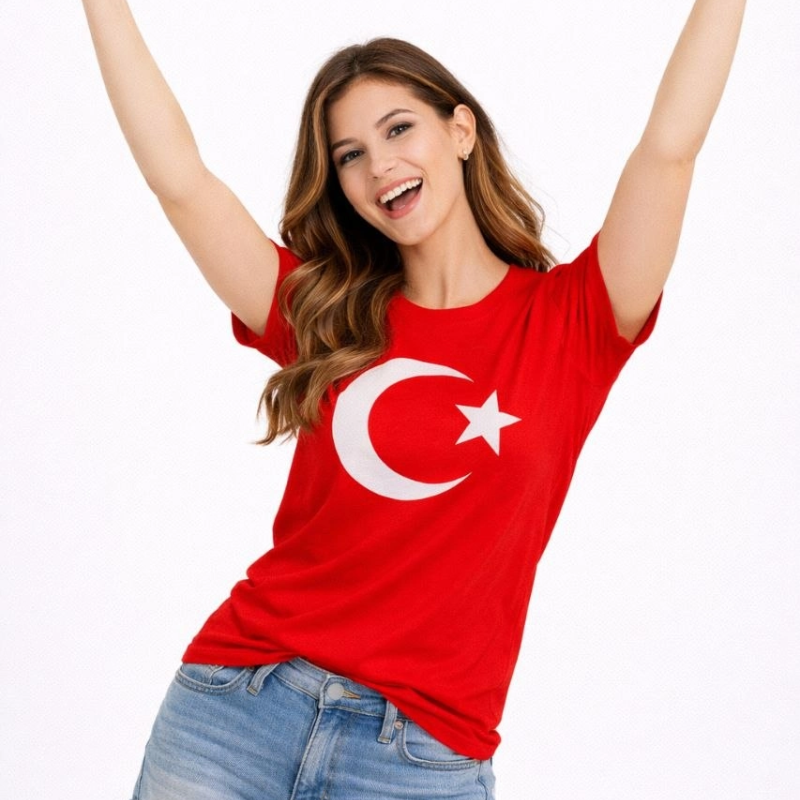 Kadın T-Shirt Kısa Kol Bisiklet Yaka Ay Yıldız Bayrak Baskılı Tişört - Kırmızı