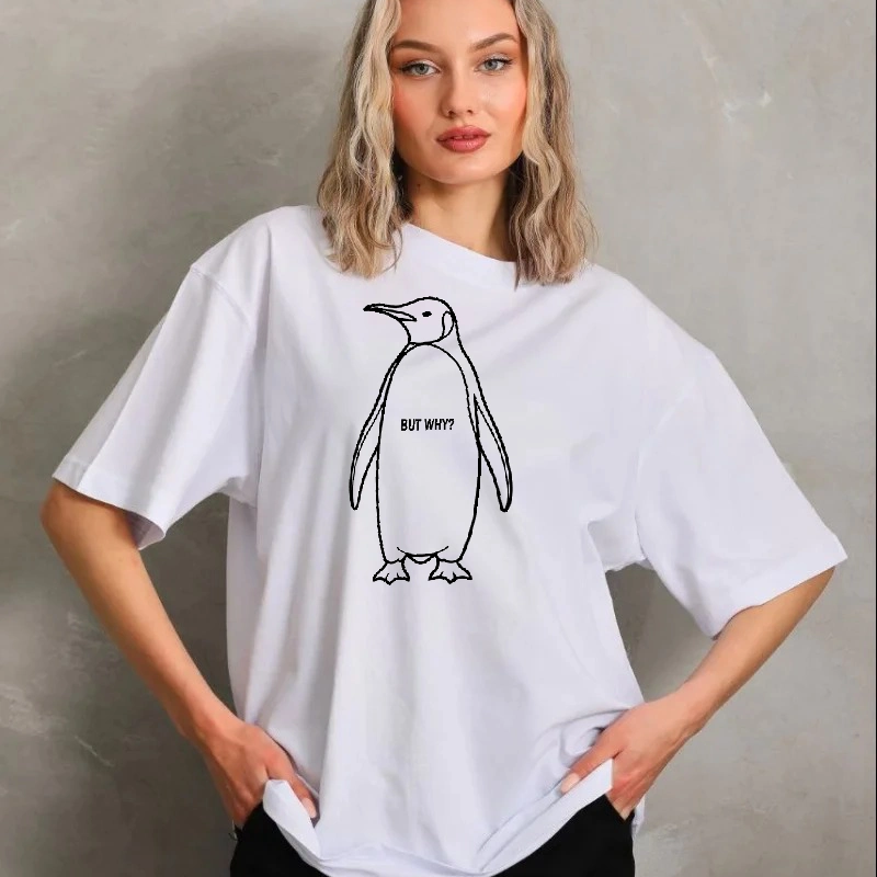 Kadın T-Shirt Nihilist Penguen Baskılı Bisiklet Yaka Kısa kol yazlık Tişört - Beyaz
