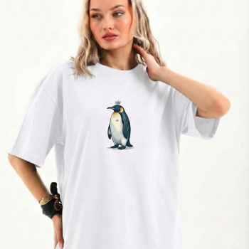 Kadın T-Shirt Penguen Baskılı Bisiklet Yaka Kısa kol yazlık Tişört - Beyaz