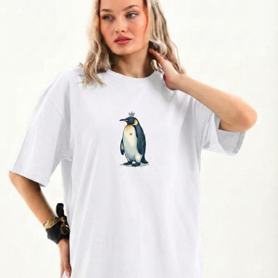 Kadın T-Shirt Penguen Baskılı Bisiklet Yaka Kısa kol yazlık Tişört - Beyaz