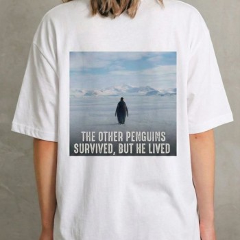 Kadın T-Shirt Penguen Baskılı Bisiklet Yaka Kısa kol yazlık Tişört - Beyaz
