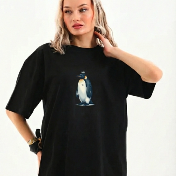 Kadın T-Shirt Penguen Baskılı Bisiklet Yaka Kısa kol yazlık Tişört - Siyah