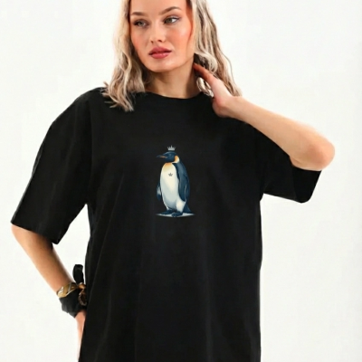Kadın T-Shirt Penguen Baskılı Bisiklet Yaka Kısa kol yazlık Tişört - Siyah