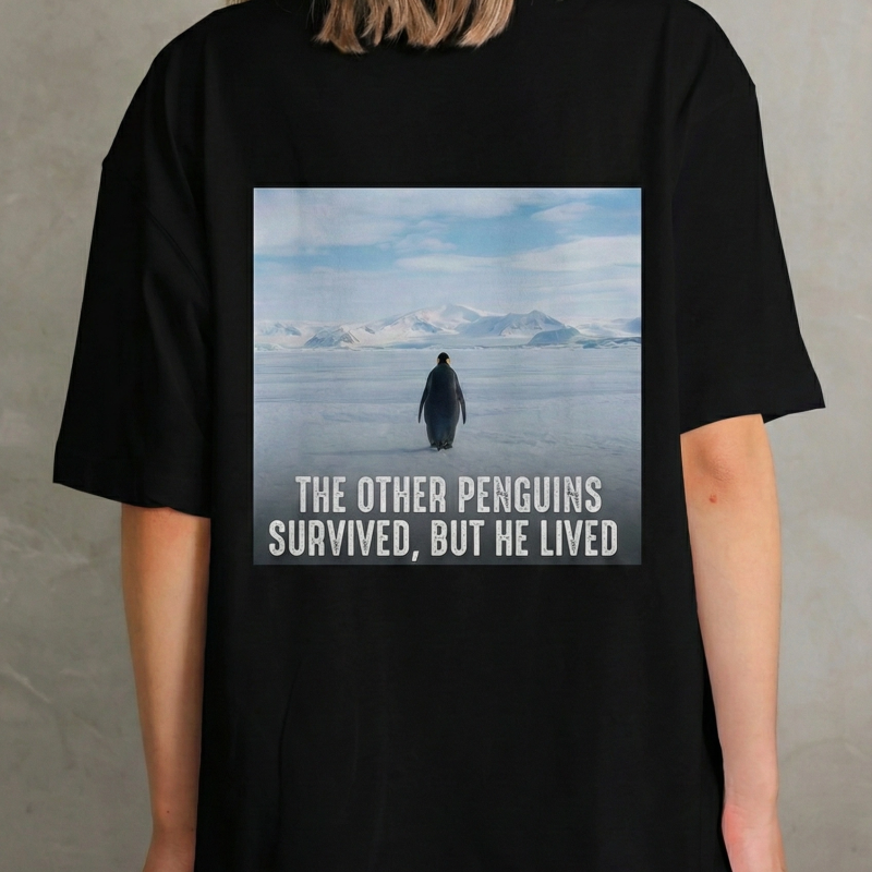 Kadın T-Shirt Penguen Baskılı Bisiklet Yaka Kısa kol yazlık Tişört - Siyah