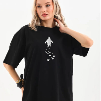 Kadın T-Shirt Penguen Baskılı Bisiklet Yaka Kısa kol yazlık Tişört - Siyah