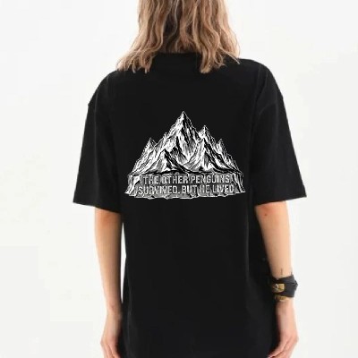 Kadın T-Shirt Penguen Baskılı Bisiklet Yaka Kısa kol yazlık Tişört - Siyah