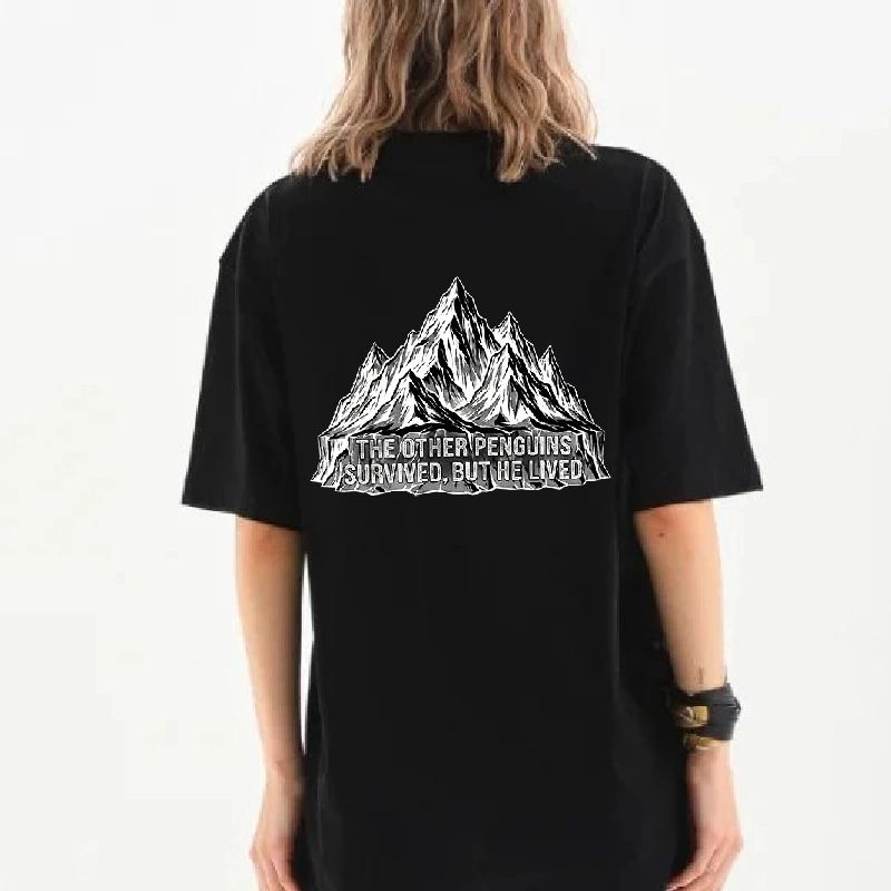 Kadın T-Shirt Penguen Baskılı Bisiklet Yaka Kısa kol yazlık Tişört - Siyah