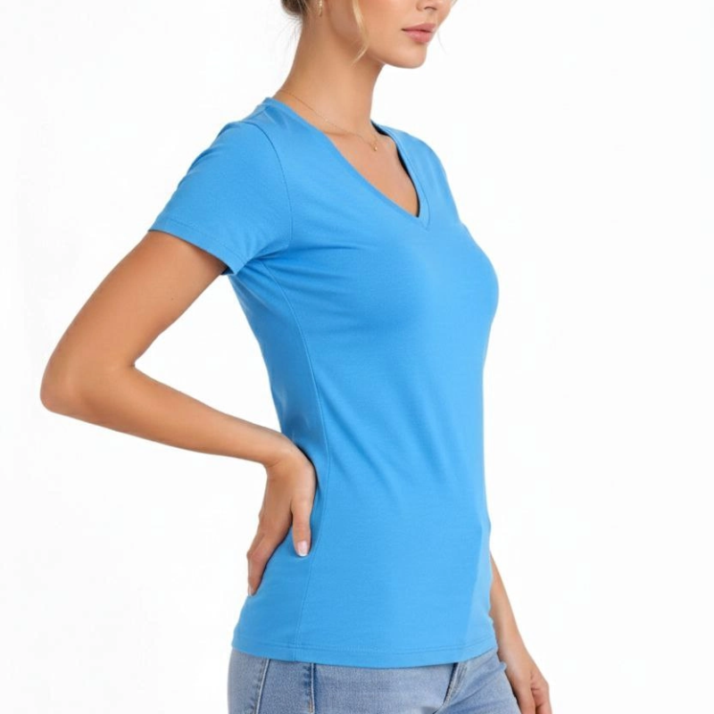 Kadın T-Shirt V Yaka Slim Fit Likralı Tişört Yazlık Basic Body - Açık Mavi