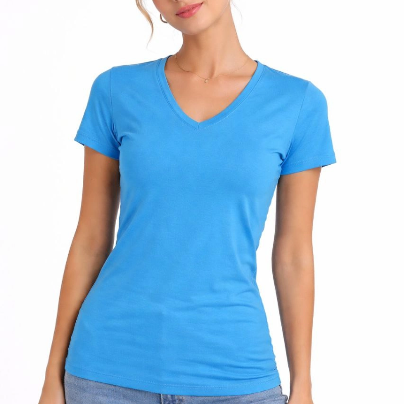 Kadın T-Shirt V Yaka Slim Fit Likralı Tişört Yazlık Basic Body - Açık Mavi