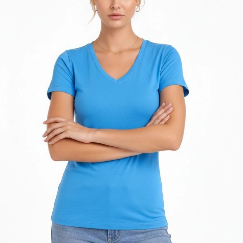Kadın T-Shirt V Yaka Slim Fit Likralı Tişört Yazlık Basic Body - Açık Mavi