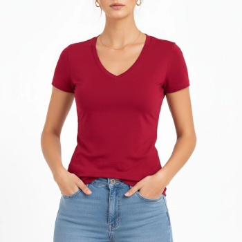 Kadın T-Shirt V Yaka Slim Fit Likralı Tişört Yazlık Basic Body - Kırmızı