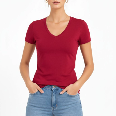 Kadın T-Shirt V Yaka Slim Fit Likralı Tişört Yazlık Basic Body - Kırmızı