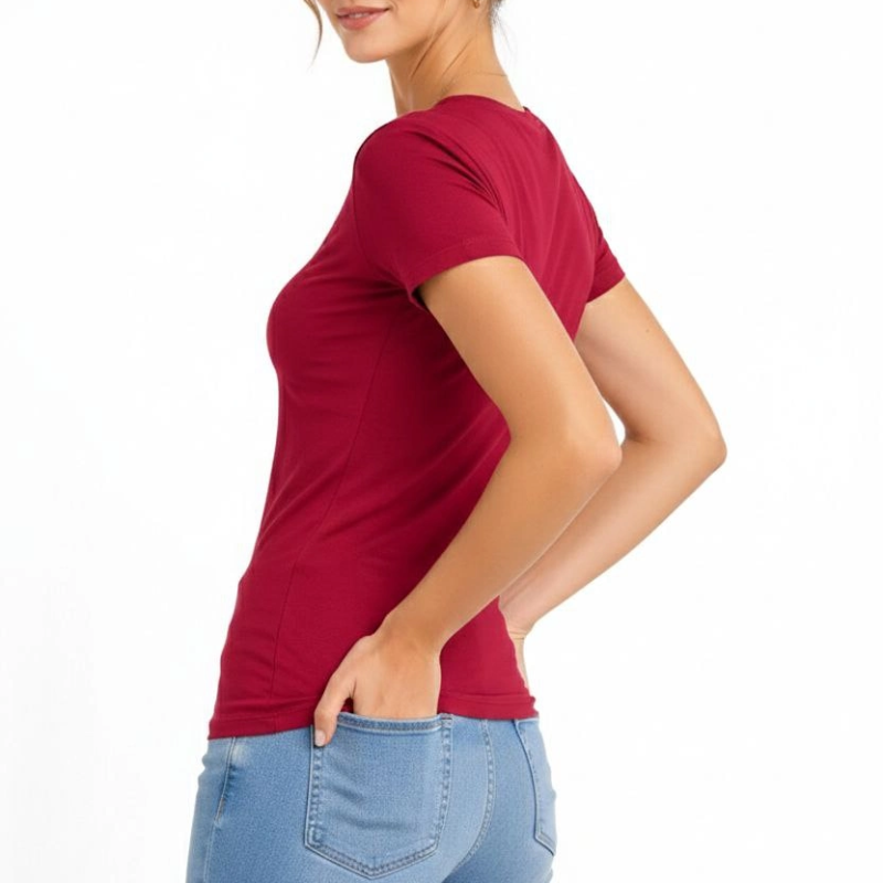 Kadın T-Shirt V Yaka Slim Fit Likralı Tişört Yazlık Basic Body - Kırmızı